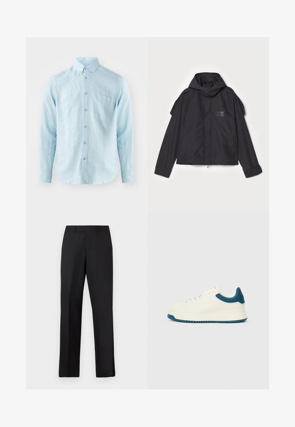 Giacca nera con cappuccio, realizzata in tessuto liscio. Presenta una chiusura frontale con zip, tasche laterali e dettagli sulle spalle. Design semplice con un'etichetta.; Camicia azzurro chiaro a maniche lunghe realizzata in tessuto testurizzato, con colletto a bottoni, bottoni frontali e una tasca sul petto.; Pantaloni neri a gamba dritta in tessuto liscio. Presentano una vita standard e nessun motivo o accento visibile.; Sneaker bianca con una finitura liscia, dettagli testurizzati blu attorno al collo e una suola spessa. Presenta lacci rotondi e un design a bassa altezza.