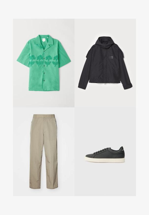 Schwarze Jacke mit Kapuze, aus glattem Stoff. Verfügt über einen Reißverschluss vorne, seitliche Taschen und Schulterakzente. Einfaches Design mit einem Etikett.; Kurzärmliges grünes Hemd aus weichem Stoff, mit dunkelgrüner floralem Stickerei auf der Vorderseite, Knopfverschluss und klassischem Kragen.; Beige leichte Hose mit lockerer Passform, ausgestattet mit einem elastischen Bund und seitlichen Taschen. Der Stoff wirkt strukturiert und leicht zerknittert.; Schwarze Ledersneaker mit niedrigem Profil, abgerundeter Zehe und Schnürverschluss; ausgestattet mit einer strukturierten Gummisohle und Logo-Detail an der Ferse.