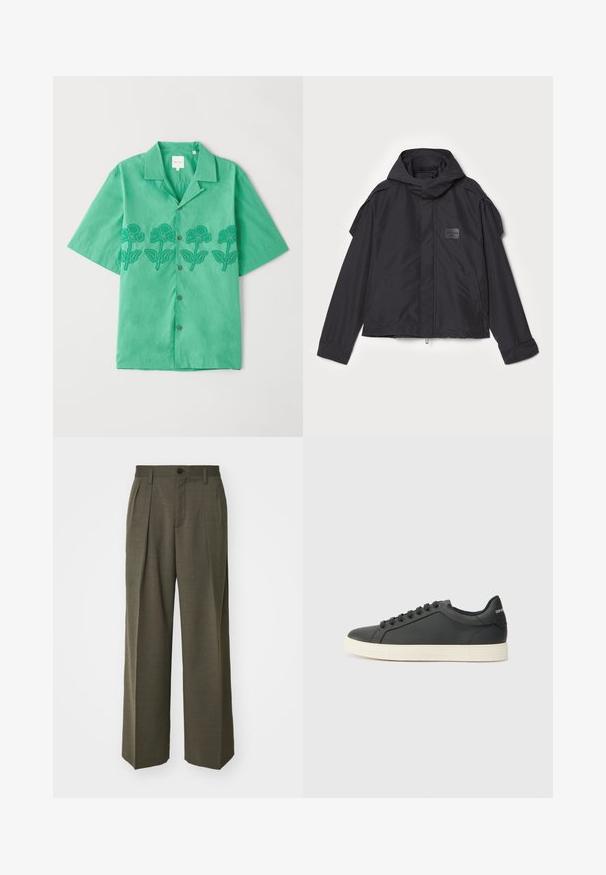 Sort jakke med hætte, lavet af glat stof. Har lynlåslukning foran, sidelommer og skulderdetaljer. Simpel design med et mærke.; Kortærmet grøn skjorte lavet af blødt stof, med blomsterbroderi i mørkegrøn over forsiden, knaplukning og klassisk krave.; Filippa K WIDE TROUSERS - Bukser - driftwood; Sort lædersneaker med lav profil, rund tå og snørelukning; har en struktureret gummisål og logo-detalje på hælen.