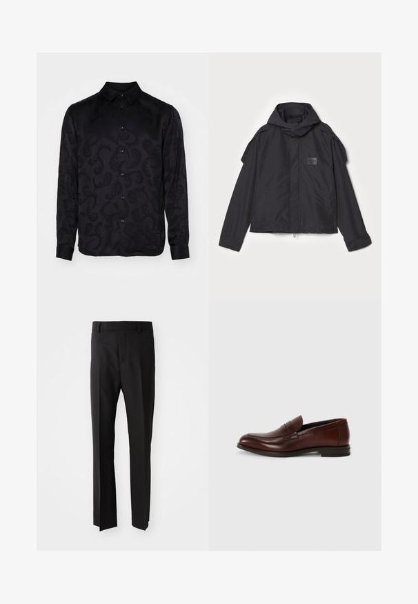 Fekete kapucnis dzseki, sima anyagból készült. Elöl zipzárral záródik, oldalsó zsebekkel és vállrész kiemelésekkel rendelkezik. Egyszerű dizájn jellemzi, címkével.; Fekete, hosszú ujjú ing, finom textúrájú paisley mintával, hegyes nyakkal és gombos elejével. Simább anyag.; Fekete nadrág egyenes szabással, sima anyagból készült, övhurkos derékkal és oldalzsebekkel. Nincsenek látható minták vagy díszítések.; Barna bőr loaferek lekerekített orral, elülső pánt részlettel és alacsony, stílusos sarokkal. Sima textúra minimális díszítéssel.
