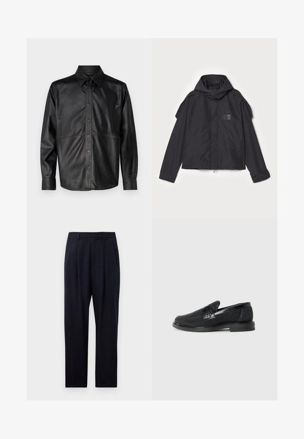 Jachetă neagră cu glugă, fabricată dintr-un material neted. Dispune de fermoar frontal, buzunare laterale și accente pe umeri. Design simplu cu etichetă.; Jachetă din piele neagră, cu guler ascuțit, închidere cu nasturi în față, mâneci lungi și detalii de cusătură vizibile. Textură netedă.; Pantaloni bleumarin cu o croială dreaptă, cu un material texturat, două pliseuri frontale, curea pentru brâu și închidere cu fermoar.; Pantofii negri din material textil, cu accent din piele netedă pe partea superioară, design cu vârf rotund și talpă din cauciuc de profil redus.