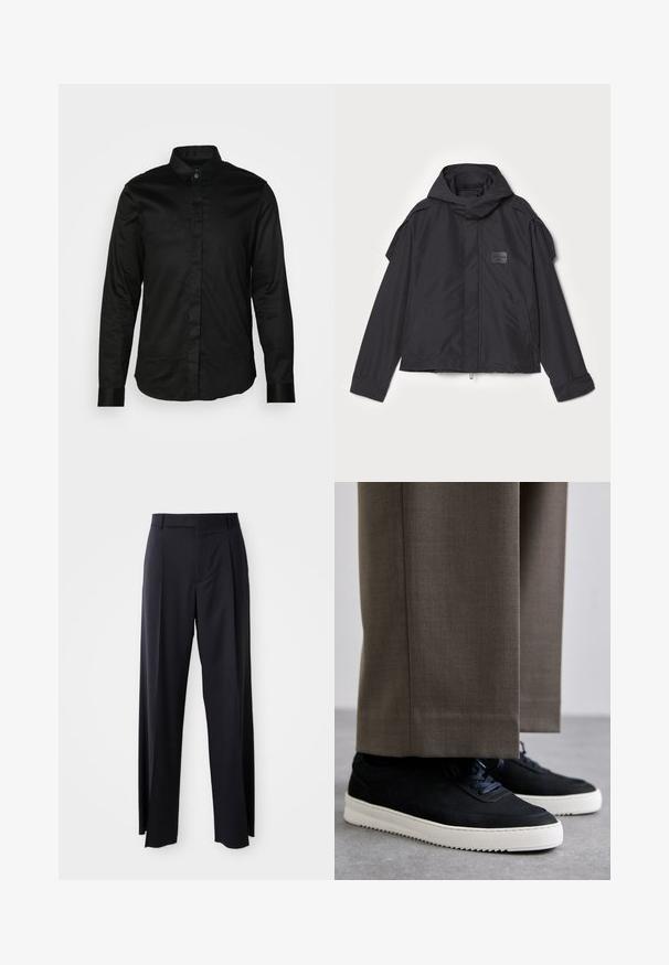 Fekete kapucnis dzseki, sima anyagból készült. Elöl zipzárral záródik, oldalsó zsebekkel és vállrész kiemelésekkel rendelkezik. Egyszerű dizájn jellemzi, címkével.; Fekete, hosszú ujjú ing sima anyagból, gallérral, gombos elülső résszel és kontrasztos mandzsettákkal. Nincsenek látható minták vagy grafikák.; Fekete, magasan ültetett nadrág, széles szárai vannak, sima anyagból készült. Elülső redők és övhurkok jellemzik. Minimalista dizájn, látható fémalkatrészek nélkül.; Fekete velúr sportcipők fehér gumitalppal, kerek orrú, fűzős kialakítással, szürke, szabott nadrággal párosítva.