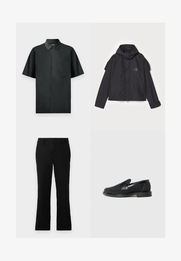Juodas švarkas su kapišonu, pagamintas iš lygios medžiagos. Yra užtrauktukas priekyje, šoninės kišenės ir pečių akcentai. Paprastas dizainas su etikete.; Juodos trumpomis rankovėmis mygtukinės marškiniai, pagaminti iš lygaus audinio, su viena krūtine kišene ir nedideliu išsiuvinėjimu priekyje.; Juodos plačios kelnės, pagamintos iš medvilnės mišinio, su mygtukų uždarymu, diržo kilpomis ir lygia tekstūra be matomų raštų.; Juodas pintas slip-on tipo batelis su lygiu odiniu akcentu viršuje, apvalios nosies dizainas ir žemas guminis padas.