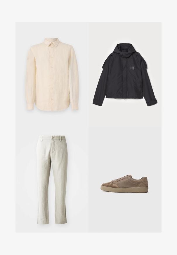 Musthaveheide mustaghuri hoodiga, valge catsosta. Omab esist zip ja külge taskud, õlavarre aksendid. Lihtne disain ja silt.; Pikkade varrukatega kergelt beež linane särk, millel on nööpidega esikülg, klassikaline krae ja kumer hem. Sile tekstuur ja krõbe viimistlus.; Kerged beežid linased püksid sirge lõikega, õrn tekstuur, esikinnitusega nöpp ja kaks küljetaskut. Kohandatud puhta silueti saavutamiseks.; Pruunist suede materjalist madala varbaga sneaker, millel on lame kummist talla, katkiste nööpidega sulgemine ja õmblemise detailid, külgvaates, esitlemas ühtlase taustaga.
