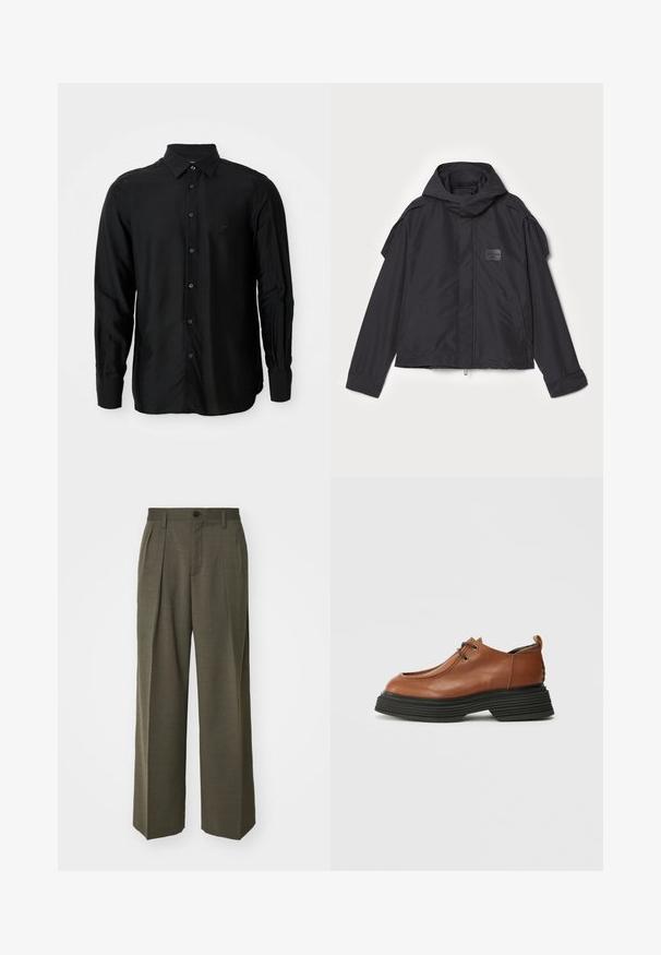 Juodas švarkas su kapišonu, pagamintas iš lygios medžiagos. Yra užtrauktukas priekyje, šoninės kišenės ir pečių akcentai. Paprastas dizainas su etikete.; Juodas ilgomis rankovėmis marškinėliai, pagaminti iš lygaus audinio, su mygtukų kišenėmis, priekiniais mygtukais ir mažyčiu išsiuvinėtu logotipu.; Filippa K WIDE TROUSERS - Kelnės - driftwood; Rudos odinės bateliai su apvaliu pirštu, raištelių dizainu ir storu juodu sluoksniuotu padu. Išskirtinai akcentuojama struktūrizuota siluetas ir tekstūra.