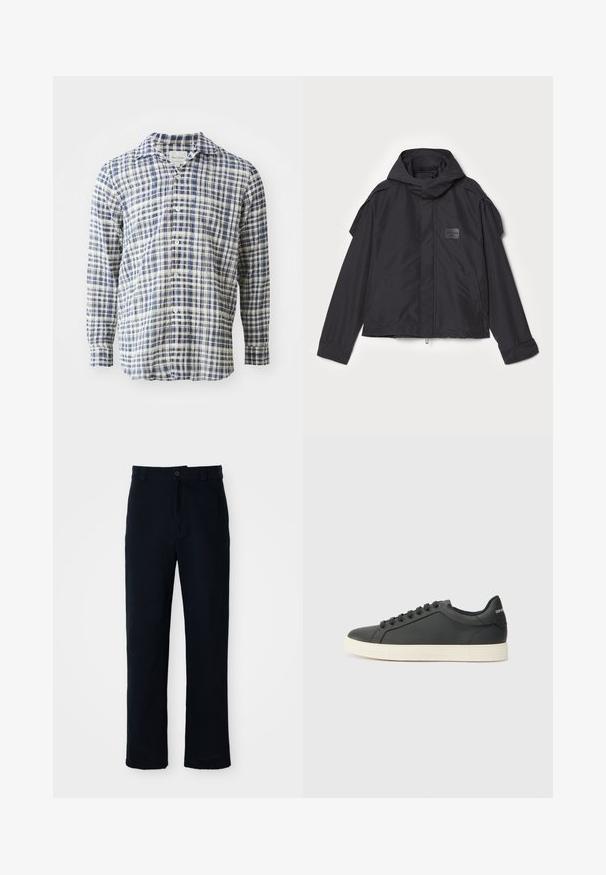 Black jacket with a hood, made of smooth fabric. Features a zip front, side pockets, and shoulder accents. Simple design with a label.; Blue and white checkered long-sleeve shirt made of lightweight fabric, featuring a button-up front and a classic collar.; Navy blue trousers made of cotton, featuring a straight-leg design, a front button closure, and classic waistband with belt loops.; Black leather sneaker with a low profile, rounded toe, and lace-up closure; features a textured rubber sole and logo detail on the heel.