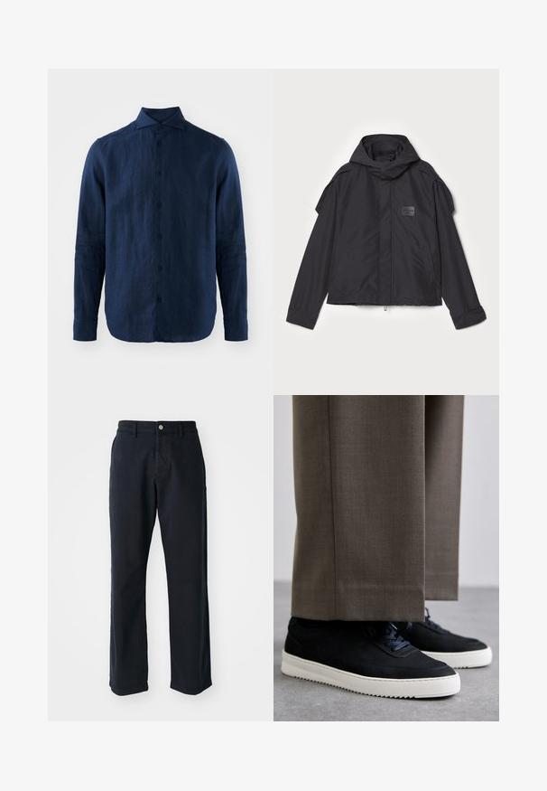 Black jacket with a hood, made of smooth fabric. Features a zip front, side pockets, and shoulder accents. Simple design with a label.; Navy blue linen long-sleeve shirt with a pointed collar, front button closure, and textured fabric. Rounded hem and buttoned cuffs.; Navy blue cotton trousers with a straight-leg design, featuring a front button closure and two side pockets. Smooth texture, no visible patterns.; Black suede sneakers with white rubber soles, featuring a rounded toe and laces, worn with gray tailored pants.