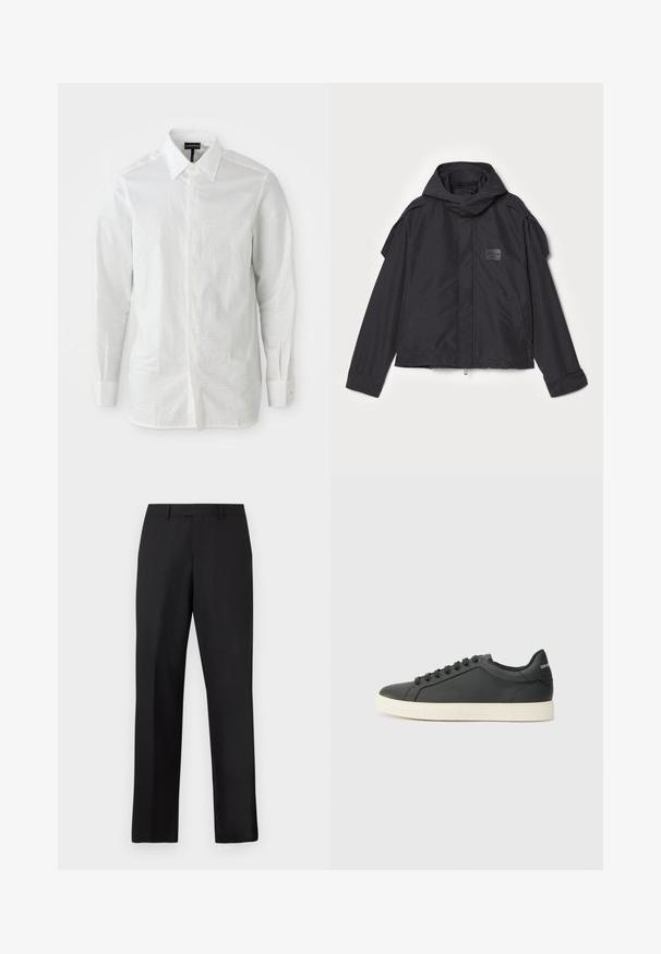 Mustatakki hupulla, valmistettu sileästä kankaasta. Ominaisuuksiin kuuluu vetoketjukiinnitys edessä, sivutaskut ja olkakorostukset. Yksinkertainen muotoilu, jossa on etiketti.; Valkoinen pitkähihaine paita kevyestä kankaasta, jossa on rakenteellinen kaulus, etupainike ja hienovarainen tekstuurikuvio kankaassa.; Mustat, suorat housut, jotka on valmistettu sileästä kankaasta. Niissä on tavallinen vyötärönauha, eikä niissä ole näkyviä kuvioita tai koristeita.; Musta nahkakenkä, jossa on matala profiili, pyöreä kärki ja nauhakiinnitys; siinä on tekstiilipohja ja logoyksityiskohta kantapäässä.