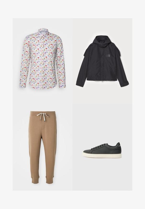 Czarna kurtka z kapturem, wykonana z gładkiego materiału. Posiada zamek z przodu, boczne kieszenie i akcenty na ramionach. Prosty design z metką.; Paul Smith - Koszula; Jasnobrązowe dresowe spodnie z elastyczną talią, białymi i brązowymi sznurkami, bocznymi kieszeniami oraz ściągaczami na kostkach na białym tle.; Czarne skórzane trampki o niskim profilu, z zaokrąglonym noskiem i sznurowanym zapięciem; posiadają teksturowaną gumową podeszwę oraz detal z logo na pięcie.