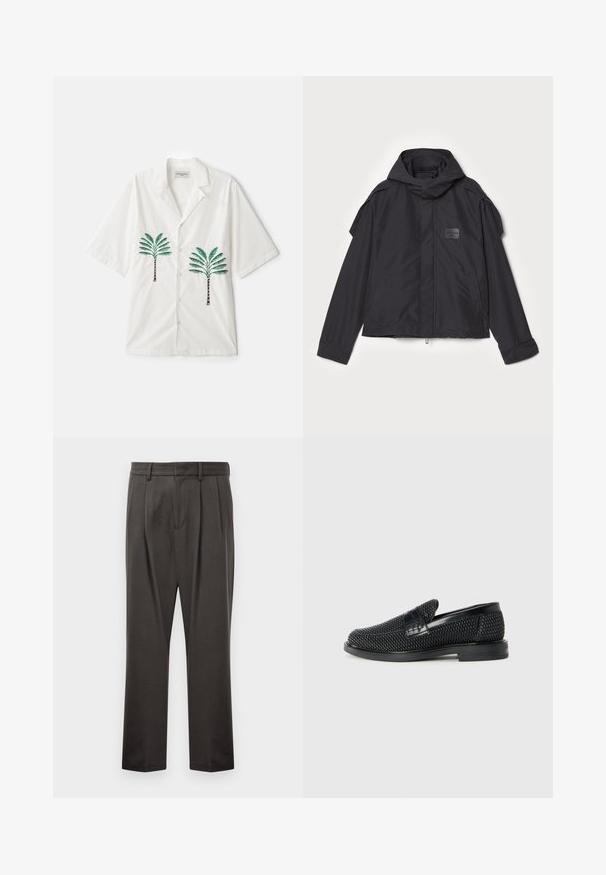 Jachetă neagră cu glugă, fabricată dintr-un material neted. Dispune de fermoar frontal, buzunare laterale și accente pe umeri. Design simplu cu etichetă.; OFFICINE GENERALE LUIS PALMTREE EMBROIDE - Cămașă - ecru; Pantaloni gri închis dintr-un material texturat, având față plată, pliuri, picioare drepte și bucle pentru curea. Fără hardware sau modele vizibile.; Pantofii negri din material textil, cu accent din piele netedă pe partea superioară, design cu vârf rotund și talpă din cauciuc de profil redus.