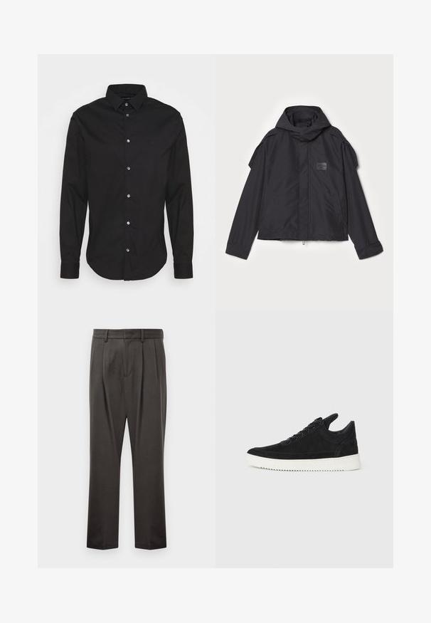 Juodas švarkas su kapišonu, pagamintas iš lygios medžiagos. Yra užtrauktukas priekyje, šoninės kišenės ir pečių akcentai. Paprastas dizainas su etikete.; Juodas marškinis su ilgomis rankovėmis, klasikinė apykaklė ir standartinė forma. Savybės: subtilus logotipas, lygus paviršius ir metalinės sagos.; Tamsiai pilki kelnės, pagamintos iš tekstūruoto audinio, su plokščiu priekiniu pjūviu, klostėmis, tiesiomis kojomis ir diržo kilputėmis. Matomų metalinių detalių ar raštų nėra.; Juodų suede sportbačių su balta gumine padu, su toniniais siuvinėjimais ir raištelių užsegimu. Sklandus paviršius su šiuolaikine, laiko forma.