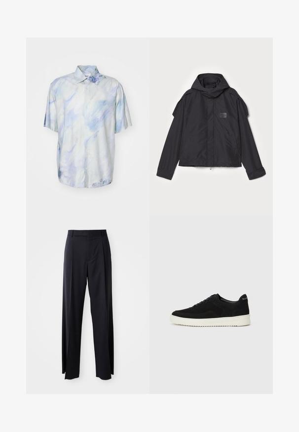 Čierna bunda s kapucňou, vyrobená z hladkej tkaniny. Obsahuje predný zips, bočné vrecká a ramenné akcenty. Jednoduchý dizajn so štítkom.; Košela s krátkymi rukávmi, zapínaná na gombíky v svetlomodrej a bielej farbe s abstraktným akvarelovým vzorom; vyrobená z mäkkej tkaniny; vo voľnom strihu a s detailom na golieri.; Čierne, vysoké nohavice so širokým strihom, vyrobené z hladkej látky. Obsahujú predné skladby a pútka na opasok. Minimalistický dizajn, bez viditeľnej kovania.; Čierne semišové tenisky s šnurovacím dizajnom a kontrastnou bielou gumovou podrážkou. Obsahujú štruktúrované bočné panely a jemné logo na päte.