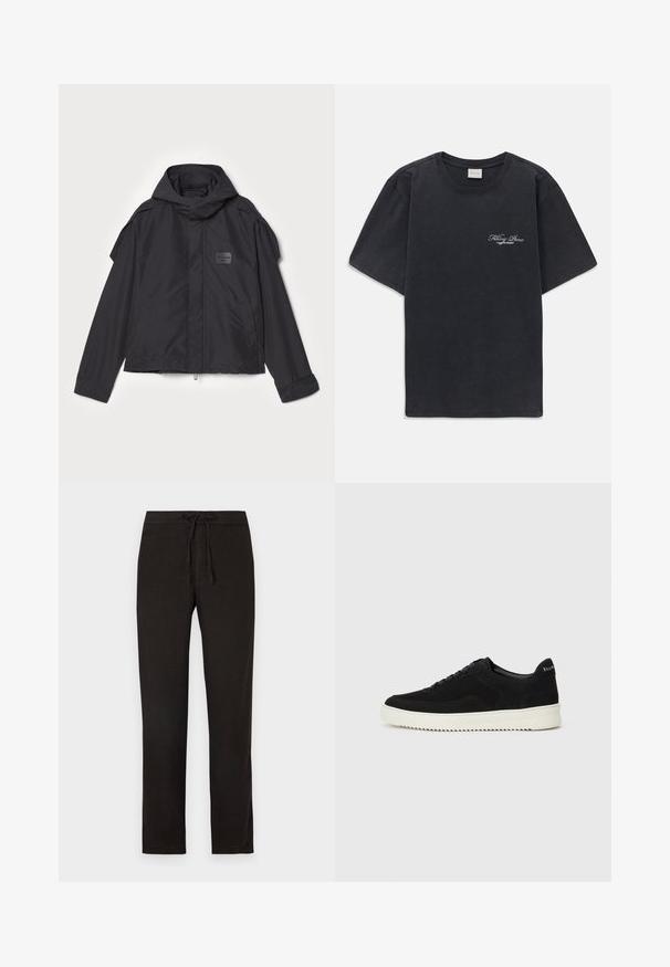 Juodas švarkas su kapišonu, pagamintas iš lygios medžiagos. Yra užtrauktukas priekyje, šoninės kišenės ir pečių akcentai. Paprastas dizainas su etikete.; Juodas trumpomis rankovėmis, apvaliu kaklu marškinėliai su mažu baltu "Filling Pieces" tekstiniu logotipu kairiajame krūtinės kampe.; Juodos lino kelnes su raišteliu juosmens srityje, tiesių kojų ir lygaus paviršiaus. Paprastas dizainas, be matomų raštų ar detalių.; Juodos veliūrinės sportinės bateliai su raištelių dizainu ir kontrastinga balta gumine padais. Yra tekstūruoti šoniniai skydeliai ir subtilus logotipas ant kulno.