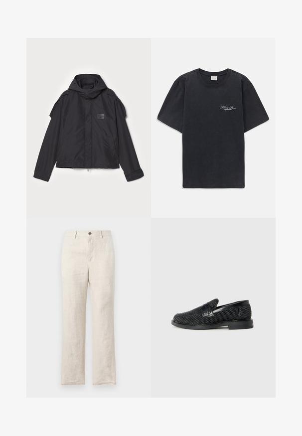 Black jacket with a hood, made of smooth fabric. Features a zip front, side pockets, and shoulder accents. Simple design with a label.; Black short-sleeve crew neck t-shirt with small white "Filling Pieces" text logo on the left chest.; Linen pants in a light beige hue, featuring a straight-leg design, front pockets, and a single button closure at the waist.; Black woven slip-on shoe with a smooth leather accent on the upper, a round toe design, and a low-profile rubber sole.