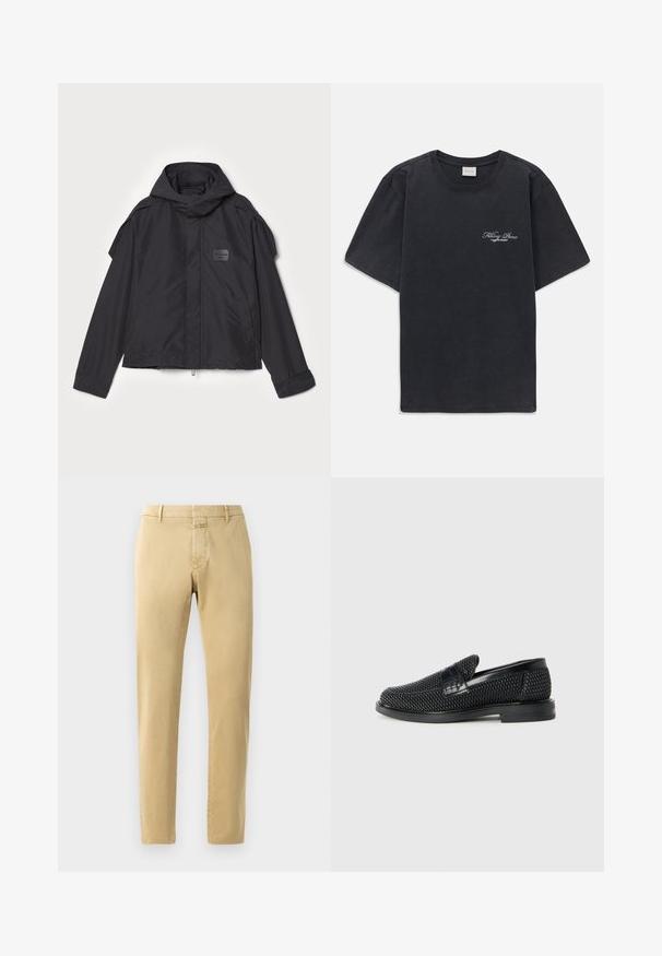 Čierna bunda s kapucňou, vyrobená z hladkej tkaniny. Obsahuje predný zips, bočné vrecká a ramenné akcenty. Jednoduchý dizajn so štítkom.; Čierne tričko s krátkym rukávom a okrúhlym výstrihom s malým bielym textovým logom "Filling Pieces" na ľavej hrudi.; Bežové chinos s úzkym strihom a hladkou bavlnenou tkaninou. Obsahujú zips, pútka na opasok a minimálne švy.; Čierne tkané slip-on topánky s hladkým koženým akcentom na vrchnej časti, s okrúlym dizajnom špičky a nízkoprofilovou gumovou podrážkou.