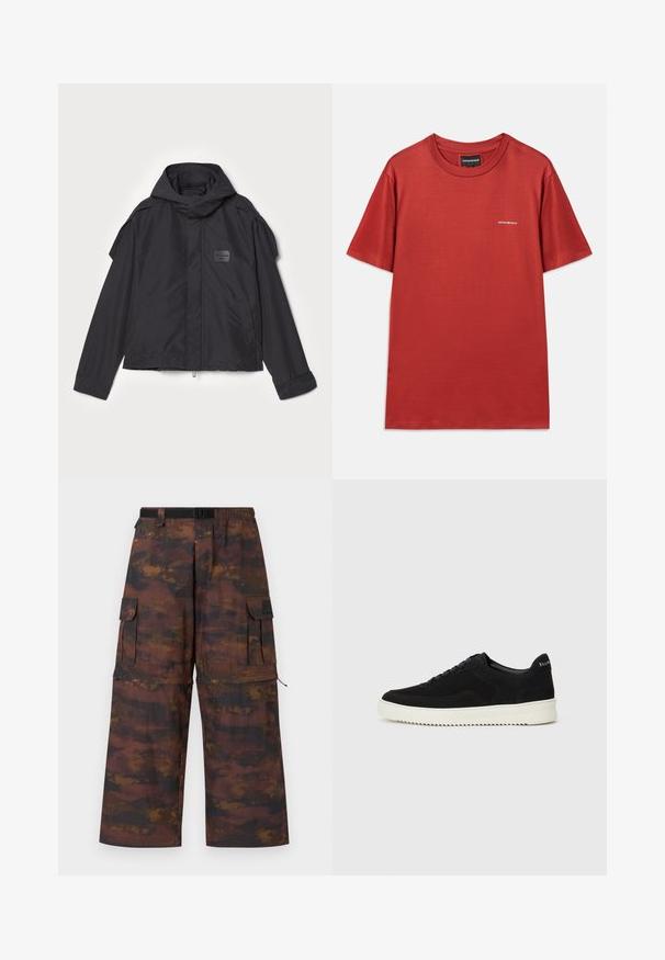 Juodas švarkas su kapišonu, pagamintas iš lygios medžiagos. Yra užtrauktukas priekyje, šoninės kišenės ir pečių akcentai. Paprastas dizainas su etikete.; Raudona medvilninė marškinėliai su apykakle, trumpomis rankovėmis ir nepastebimu baltu logotipu ant krūtinės, pasižymintys lygiu paviršiumi ir laisvu bei patogiu kirpimu.; Krovinių kelnės, pagamintos iš rudos, tekstūruotos medžiagos su išblukusiu, abstrakčiu raštu. Turi plačius kojų siluetus, elastingą juosmenį ir kelias kišenes.; Juodos veliūrinės sportinės bateliai su raištelių dizainu ir kontrastinga balta gumine padais. Yra tekstūruoti šoniniai skydeliai ir subtilus logotipas ant kulno.