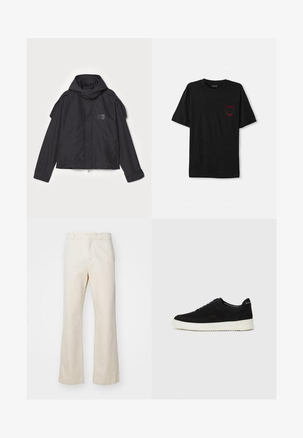 Black jacket with a hood, made of smooth fabric. Features a zip front, side pockets, and shoulder accents. Simple design with a label.; Black cotton t-shirt with short sleeves, featuring a red embroidered heart design on the left chest. Classic crew neckline, relaxed fit.; Beige cotton trousers with a straight-leg design, featuring a front zipper and button closure, smooth texture, and minimalistic style.; Black suede sneaker with lace-up design and contrasting white rubber sole. Features textured side panels and subtle branding on the heel.