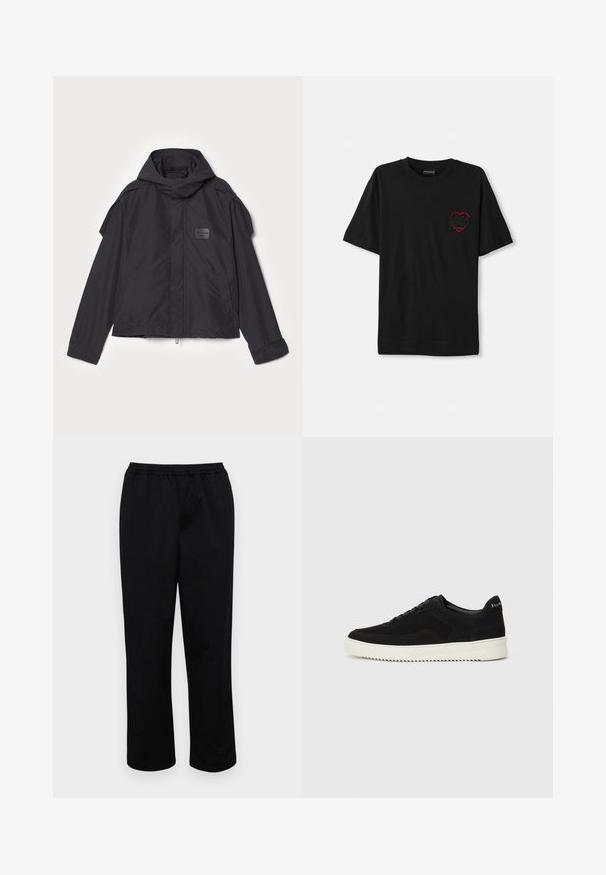 Juodas švarkas su kapišonu, pagamintas iš lygios medžiagos. Yra užtrauktukas priekyje, šoninės kišenės ir pečių akcentai. Paprastas dizainas su etikete.; Juoda medvilnės marškinėliai trumpomis rankovėmis, su raudonu siuvinėjimu širdelės formos kairėje krūtinės pusėje. Klasikinis apvalus iškirpimas, laisvas modelis.; Juodos, vidutinio ilgio kelnės su elastinga juosta. Pagamintos iš lygaus audinio, pasižyminčios laisvu siluetu ir be matomų kišenių ar papuošimų.; Juodos veliūrinės sportinės bateliai su raištelių dizainu ir kontrastinga balta gumine padais. Yra tekstūruoti šoniniai skydeliai ir subtilus logotipas ant kulno.