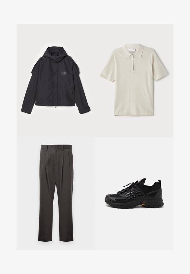 Černá bunda s kapucí, vyrobená z hladké tkaniny. Obsahuje zapínání na zip vpředu, boční kapsy a akcenty na ramenou. Jednoduchý design s štítkem.; Pánská polo košile s krátkým rukávem v světlé béžové barvě, s límcem na zip. Vyrobena z hladkého materiálu, s jednoduchým, moderním designem bez vzorů.; Tmavě šedé kalhoty z texturované látky, s plochým předním dílem, sklady, rovnými nohavicemi a poutky na pásek. Bez viditelného kovového spojení nebo vzorů.; Černé sportovní boty s kombinací texturovaných syntetických materiálů a síťoviny. Mají robustní podrážku, šněrovací systém a výrazný detail loga.