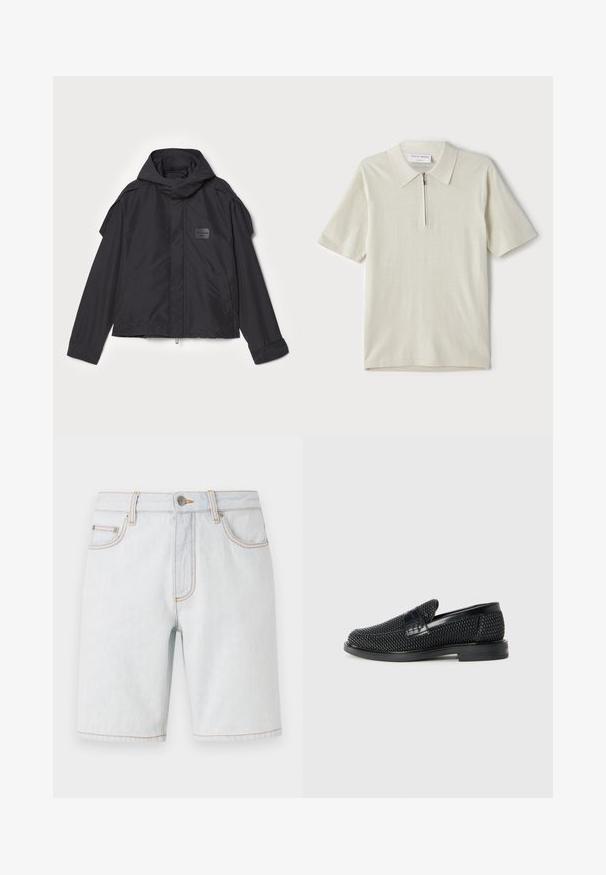 Juodas švarkas su kapišonu, pagamintas iš lygios medžiagos. Yra užtrauktukas priekyje, šoninės kišenės ir pečių akcentai. Paprastas dizainas su etikete.; Šviesiai bežinis trumpomis rankovėmis polo marškinėliai su užtrauktuku ant apykaklės. Pagaminti iš lygaus audinio, pasižymi paprastu, moderniu dizainu be raštų.; Bally Džinsiniai šortai - light blue; Juodas pintas slip-on tipo batelis su lygiu odiniu akcentu viršuje, apvalios nosies dizainas ir žemas guminis padas.