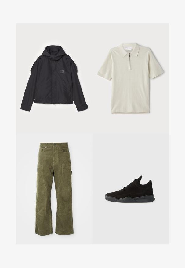 Čierna bunda s kapucňou, vyrobená z hladkej tkaniny. Obsahuje predný zips, bočné vrecká a ramenné akcenty. Jednoduchý dizajn so štítkom.; Polo tričko s krátkymi rukávmi v svetlom béžovom odtieni so zipsom pri golieri. Vyrobené z hladkej látky, má jednoduchý, moderný dizajn bez vzorov.; Olivovo zelené kordové nohavice s prednými a bočnými vreckami, zosilnenými panelmi na kolenách a zapínaním na gombík a zips.; Čierne semišové tenisky s nízkym profilom, textúrovaným zvrškom, plochými šnúrkami a pevným gumovým podpätkom s jemným zdvihom a zakriveným dizajnom.