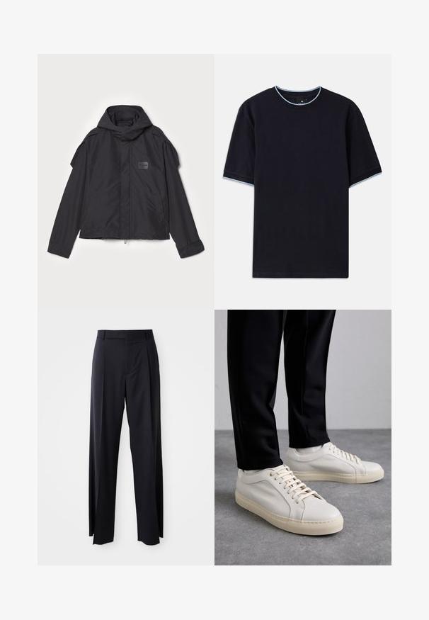 Fekete kapucnis dzseki, sima anyagból készült. Elöl zipzárral záródik, oldalsó zsebekkel és vállrész kiemelésekkel rendelkezik. Egyszerű dizájn jellemzi, címkével.; Sötétkék, rövid ujjú póló, lekerekített nyakkal, világoskék díszítéssel a gallérnál és az ujjaknál. Puha pamut anyagból készült.; Fekete, magasan ültetett nadrág, széles szárai vannak, sima anyagból készült. Elülső redők és övhurkok jellemzik. Minimalista dizájn, látható fémalkatrészek nélkül.; Világos bézs bőr sportcipő lapos fűzőkkel, texturált felülettel és kontrasztos krémszínű gumitalppal, fekete irodai nadrággal párosítva.