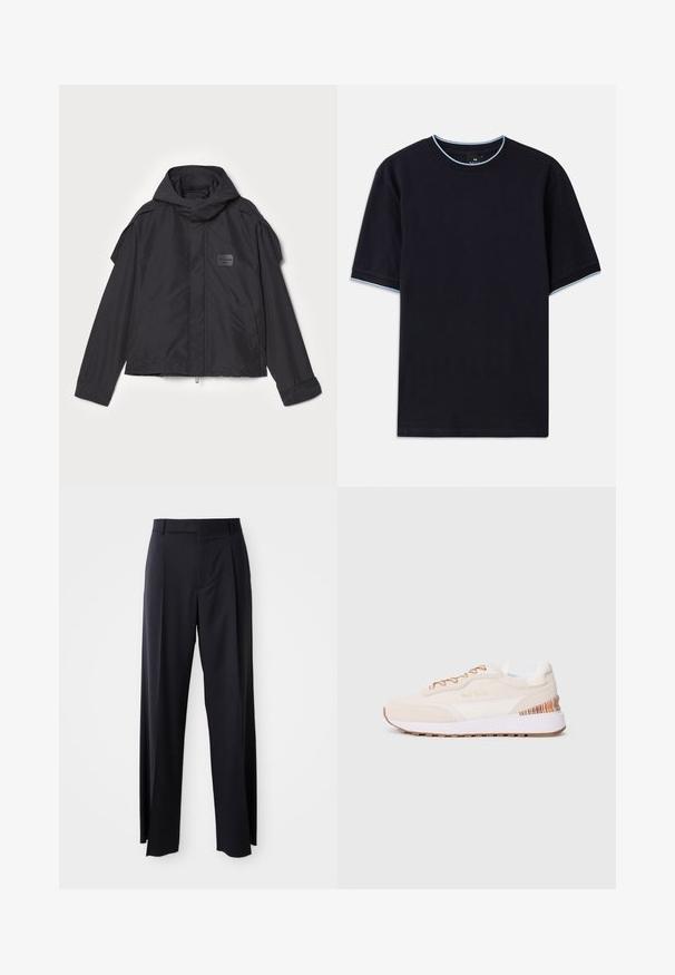 Mustatakki hupulla, valmistettu sileästä kankaasta. Ominaisuuksiin kuuluu vetoketjukiinnitys edessä, sivutaskut ja olkakorostukset. Yksinkertainen muotoilu, jossa on etiketti.; T-paita tummansinisestä lyhythihaisesta kankaasta pyöreällä kaula-aukolla, jossa vaaleansininen yksityiskohta kauluksessa ja hihoissa. Valmistettu pehmeästä puuvillakankaasta.; Musta, korkeavyötäröinen housupari, jossa on leveä lahje, valmistettu sileästä kankaasta. Edessä on laskokset ja vyölenkit. Minimalistinen muotoilu, ei näkyvää metalliosaa.; Tennarit, joissa on beige nahkabeige yläosa, valkoiset yksityiskohdat, ruskea kumipohja ja värikkäät raidat kantapäässä; mukana ruskeat nauhat.
