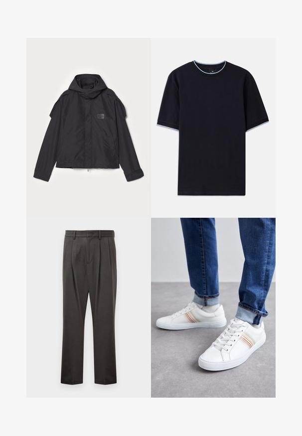 Sort jakke med hætte, lavet af glat stof. Har lynlåslukning foran, sidelommer og skulderdetaljer. Simpel design med et mærke.; Mørkeblå kortærmet t-shirt med rund halsudskæring, udstyret med lys blå accent ved kraven og ærmerne. Lavet af blødt bomuldsstof.; Mørkegrå bukser lavet af struktureret stof, med flad front, plisseringer, lige ben og bæltestropper. Ingen synlig hardware eller mønstre.; Hvide lædersneakers med multicolore striber, snørebåndsdesign, gummisål og polstret krave, parret med blå denimjeans.