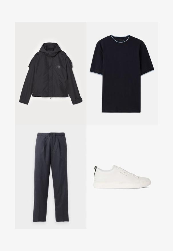 Musthaveheide mustaghuri hoodiga, valge catsosta. Omab esist zip ja külge taskud, õlavarre aksendid. Lihtne disain ja silt.; Tume sinine lühikese varrukaga t-särk ümmarguse kaelusega, millel on helesinised aktsendid kaeluse ja varrukate ümber. Valmistatud pehmest puuvillast kangast.; Tumed sinised püksid pehmest kangast, mille esiosal on volditud disain ja elastne vöökoht. Varustatud nupuga sulgemisega ja sirge lõikega.; Valge nahkne sneaker ümmarguse varbaga, lamedate kummist tallaga ja ühtlase õmblusega. Omab nööpidega esiosa ja musta kandetõmbeassa.