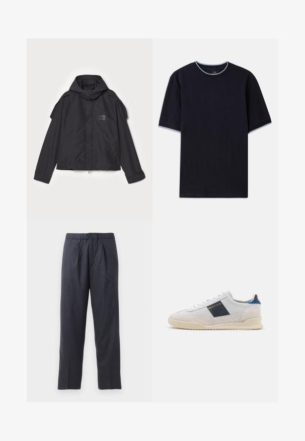 Fekete kapucnis dzseki, sima anyagból készült. Elöl zipzárral záródik, oldalsó zsebekkel és vállrész kiemelésekkel rendelkezik. Egyszerű dizájn jellemzi, címkével.; Sötétkék, rövid ujjú póló, lekerekített nyakkal, világoskék díszítéssel a gallérnál és az ujjaknál. Puha pamut anyagból készült.; Sötét tengerészkék nadrág, puha anyagból, plissézett elejű kialakítással és gumis derékkal. Gombos záródással és egyenes szárú szabással rendelkezik.; Fehér nubuk és bőr sneaker tengerészkék csíkkal, krém színű talppal és arany márkajelzéssel. Fűzős, hátul kék díszítéssel rendelkezik.
