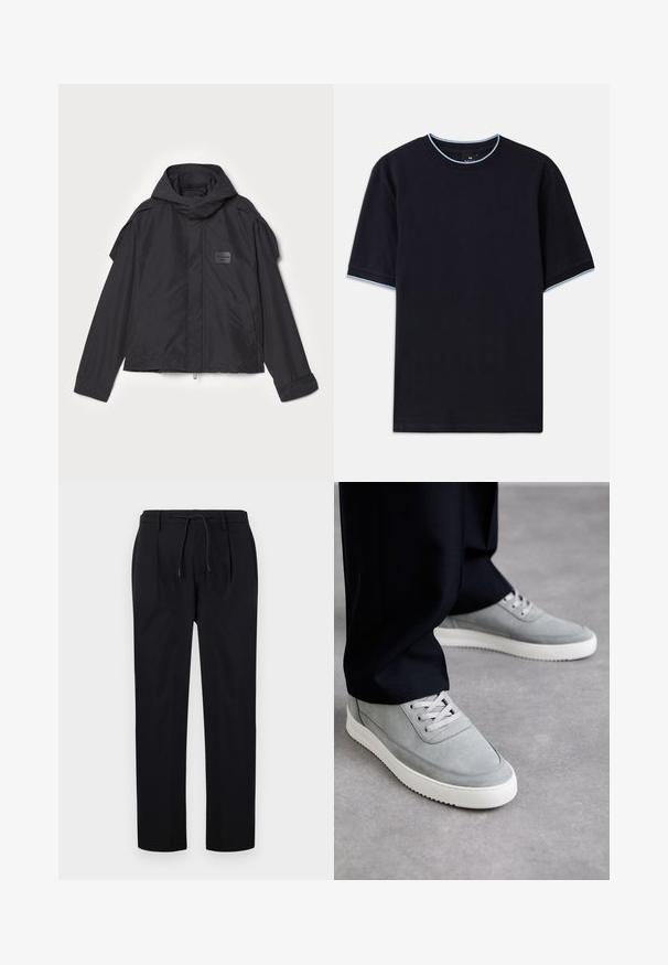 Musthaveheide mustaghuri hoodiga, valge catsosta. Omab esist zip ja külge taskud, õlavarre aksendid. Lihtne disain ja silt.; Tume sinine lühikese varrukaga t-särk ümmarguse kaelusega, millel on helesinised aktsendid kaeluse ja varrukate ümber. Valmistatud pehmest puuvillast kangast.; Mustadest siledast kangast püksid, millel on nööriga vöökoht, sirged sääred ja esiõmblused, mis loovad struktureeritud väljanägemise.; Halleri siidist tennisetossud valgete kummitaldadega, millel on nööridega disain, ümar varvas ja peened õmblusdetailid, kantud mustade pükstega.