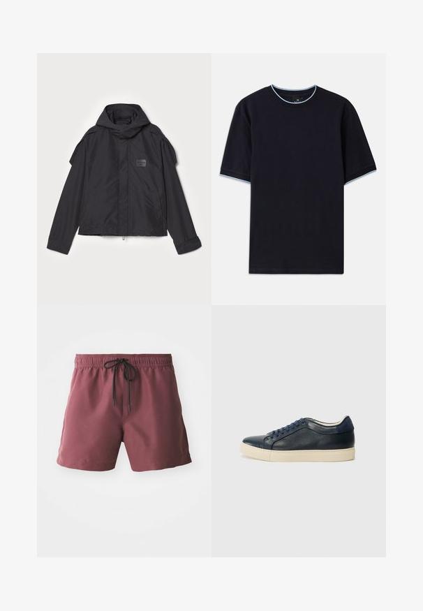 Melna jaka ar kapuci, izgatavota no gludas auduma. Aprīkota ar rāvējslēdzēju priekšā, sānu kabatām un plecu akcentiem. Vienkāršs dizains ar etiķeti.; Tumši zils īsām piedurknēm T-krekls ar apaļu kakla izgriezumu, kura apkaklēs un piedurknēs ir gaismas zilas akcenti. Izgatavots no mīksta kokvilnas auduma.; Burgundijas peldkostīms ar elastīgu jostasvīru un melnu auklu. Iekļauj sānu kabatas un gludu, vieglu audumu.; Tumši zilā ādas sporta apavi ar krēmkrāsas gumijas zoli, ar ziliem šņorēm un gludu tekstūru. Apaļa pirksta forma un minimālisma dizains.