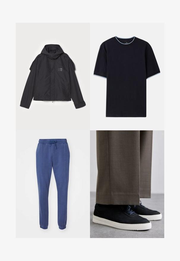 Čierna bunda s kapucňou, vyrobená z hladkej tkaniny. Obsahuje predný zips, bočné vrecká a ramenné akcenty. Jednoduchý dizajn so štítkom.; Tmavomodré tričko s krátkym rukávom a okrúhlym výstrihom, so svetlomodrými akcentmi na golieri a rukávoch. Vyrobené z mäkkej bavlnenej tkaniny.; Námornícky modré tepláky vyrobené z mäkkej zmesi bavlny, s elastickým pásom so šnúrkou, zúženým strihom nohavíc a manžetami na členkoch.; Čierne semišové tenisky s bielymi gumovými podrážkami, s okrúhlym prstom a šnúrkami, nosené s šedými vypracovanými nohavicami.