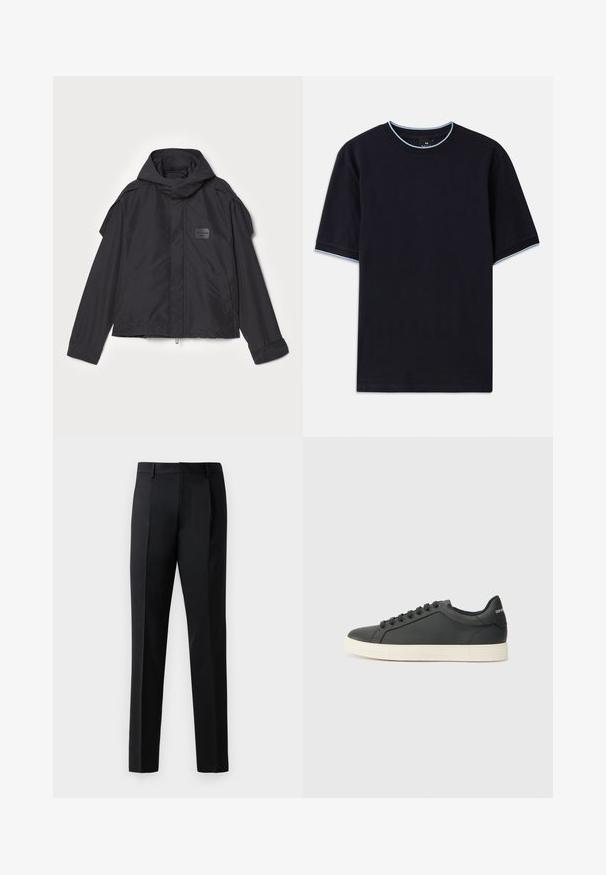 Mustatakki hupulla, valmistettu sileästä kankaasta. Ominaisuuksiin kuuluu vetoketjukiinnitys edessä, sivutaskut ja olkakorostukset. Yksinkertainen muotoilu, jossa on etiketti.; T-paita tummansinisestä lyhythihaisesta kankaasta pyöreällä kaula-aukolla, jossa vaaleansininen yksityiskohta kauluksessa ja hihoissa. Valmistettu pehmeästä puuvillakankaasta.; Mustat viralliset housut, jotka on valmistettu sileästä kankaasta, suoranlahkeiset, etupleiteillä varustetut ja tavanomainen vyötärö ilman koristeita.; Musta nahkakenkä, jossa on matala profiili, pyöreä kärki ja nauhakiinnitys; siinä on tekstiilipohja ja logoyksityiskohta kantapäässä.