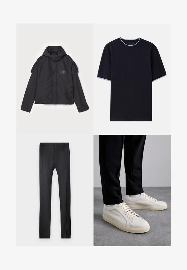 Melna jaka ar kapuci, izgatavota no gludas auduma. Aprīkota ar rāvējslēdzēju priekšā, sānu kabatām un plecu akcentiem. Vienkāršs dizains ar etiķeti.; Tumši zils īsām piedurknēm T-krekls ar apaļu kakla izgriezumu, kura apkaklēs un piedurknēs ir gaismas zilas akcenti. Izgatavots no mīksta kokvilnas auduma.; Emporio Armani TROUSER - Auduma bikses - nero; Gai beige ādas kedas ar plakaniem šņorēm, teksturētu virsmu un kontrastējošu krēmkrāsas gumijas zoli, apvienotas ar melniem pieguļošiem biksēm.