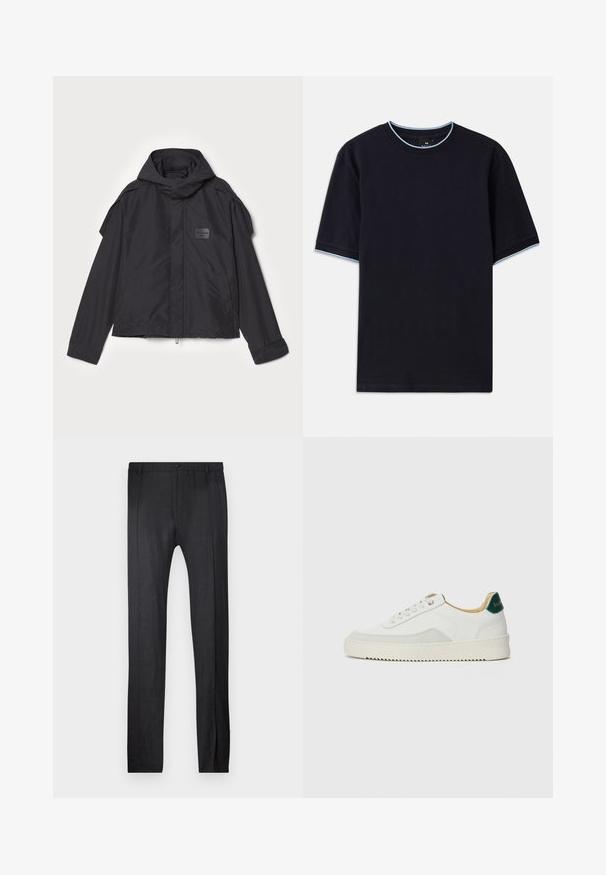Fekete kapucnis dzseki, sima anyagból készült. Elöl zipzárral záródik, oldalsó zsebekkel és vállrész kiemelésekkel rendelkezik. Egyszerű dizájn jellemzi, címkével.; Sötétkék, rövid ujjú póló, lekerekített nyakkal, világoskék díszítéssel a gallérnál és az ujjaknál. Puha pamut anyagból készült.; Emporio Armani TROUSER - Nadrágok - nero; Fehér sneaker suédé részletekkel, kerek orral, lapos fűzőkkel és krémszínű gumitalppal. Zöld logó található a sarkán.