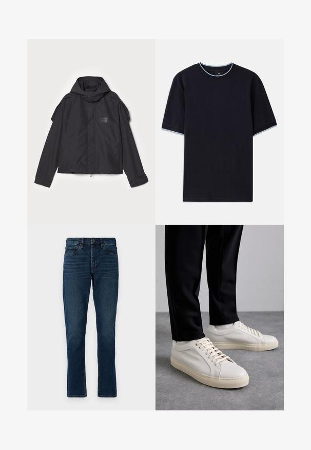 Melna jaka ar kapuci, izgatavota no gludas auduma. Aprīkota ar rāvējslēdzēju priekšā, sānu kabatām un plecu akcentiem. Vienkāršs dizains ar etiķeti.; Tumši zils īsām piedurknēm T-krekls ar apaļu kakla izgriezumu, kura apkaklēs un piedurknēs ir gaismas zilas akcenti. Izgatavots no mīksta kokvilnas auduma.; Tumši zilo džinsu bikses ar taisnu piegriezumu, piecām kabatām, jostu cilpa un viegli novalkātiem izsistiem elementiem. Šuves piestrādātas un pogu aizdare.; Gai beige ādas kedas ar plakaniem šņorēm, teksturētu virsmu un kontrastējošu krēmkrāsas gumijas zoli, apvienotas ar melniem pieguļošiem biksēm.