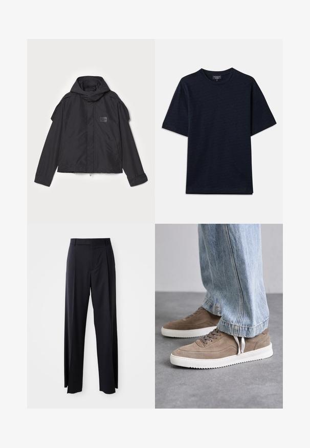 Fekete kapucnis dzseki, sima anyagból készült. Elöl zipzárral záródik, oldalsó zsebekkel és vállrész kiemelésekkel rendelkezik. Egyszerű dizájn jellemzi, címkével.; Sötétkék póló texturált mintával, kerek nyakkivágással és rövid ujjakkal. Diszkrét logó részlet a mellkasán, puha pamut anyagból készült.; Fekete, magasan ültetett nadrág, széles szárai vannak, sima anyagból készült. Elülső redők és övhurkok jellemzik. Minimalista dizájn, látható fémalkatrészek nélkül.; Barna velúr sportcipők fehér gumi talppal, kerek fűzőkkel és alacsony profilú kialakítással. A farmernadrág részben takarja a cipőket.