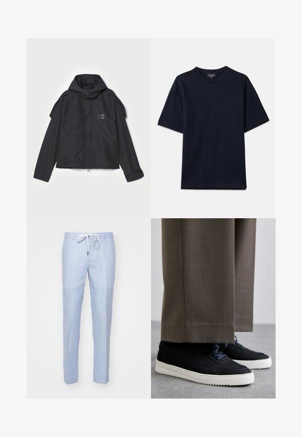 Juodas švarkas su kapišonu, pagamintas iš lygios medžiagos. Yra užtrauktukas priekyje, šoninės kišenės ir pečių akcentai. Paprastas dizainas su etikete.; Tamsiai mėlyna marškinėliai su tekstūruotu raštu, apvaliu iškirpimu ir trumpomis rankovėmis. Diskretiškas logotipo detalė krūtinėje, pagaminti iš minkštos medvilnės audinio.; Šviesiai mėlynos lino kelnes su tiesiu siluetu, turinčios raištelių juosmenį ir lygų paviršių. Matomų kišenių ar dekoratyvių elementų nėra.; Juodi zomšiniai sportbačiai su baltais guminiais padais, su apvalia nosimi ir raišteliais, dėvimi su pilkais pritaikytais kelnais.