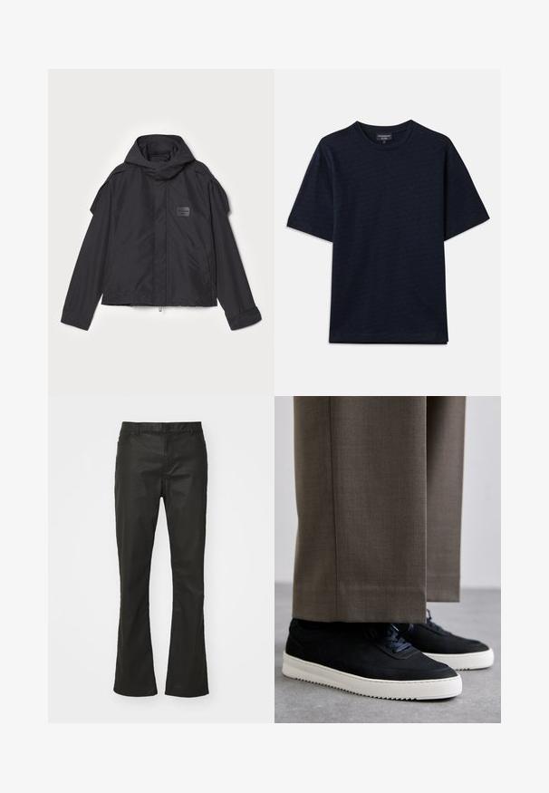 Juodas švarkas su kapišonu, pagamintas iš lygios medžiagos. Yra užtrauktukas priekyje, šoninės kišenės ir pečių akcentai. Paprastas dizainas su etikete.; Tamsiai mėlyna marškinėliai su tekstūruotu raštu, apvaliu iškirpimu ir trumpomis rankovėmis. Diskretiškas logotipo detalė krūtinėje, pagaminti iš minkštos medvilnės audinio.; Juodos flared džinsai, pagaminti iš medvilnės mišinio, su mygtuko užsegimu, penkiomis kišenėmis ir subtakčiu blizgesiu tekstūruoto paviršiaus.; Juodi zomšiniai sportbačiai su baltais guminiais padais, su apvalia nosimi ir raišteliais, dėvimi su pilkais pritaikytais kelnais.