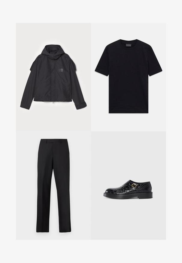 Black jacket with a hood, made of smooth fabric. Features a zip front, side pockets, and shoulder accents. Simple design with a label.; Black short-sleeve crew neck T-shirt with subtle embossed pattern and brand label inside collar, laid flat on white background.; Black, straight-leg trousers made of smooth fabric. Features a standard waistband and no visible patterns or accents.; Black leather shoe with croc-embossed texture, a round toe, a flat rubber sole, and a gold-tone square buckle detail on the side.