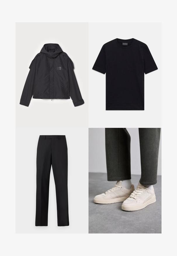 Czarna kurtka z kapturem, wykonana z gładkiego materiału. Posiada zamek z przodu, boczne kieszenie i akcenty na ramionach. Prosty design z metką.; Czarna krótko rękawowa koszulka z okrągłym dekoltem, z delikatnym wytłoczonym wzorem i metką marki wewnątrz kołnierza, ułożona na płasko na białym tle.; Czarne spodnie o prostych nogawkach wykonane z gładkiej tkaniny. Posiadają standardowy pas i nie mają widocznych wzorów ani zdobień.; Beżowe sneakersy wykonane z zamszu i siateczki, z perforowanymi akcentami, płaskimi sznurówkami i grubą podeszwą. Noszone z zielonymi spodniami z korduropy.