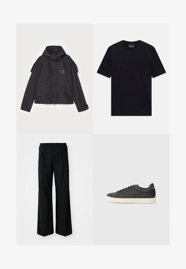 Černá bunda s kapucí, vyrobená z hladké tkaniny. Obsahuje zapínání na zip vpředu, boční kapsy a akcenty na ramenou. Jednoduchý design s štítkem.; Černé tričko s krátkým rukávem a kulatým výstřihem s jemným raženým vzorem a štítkem značky uvnitř límce, položené na bílém pozadí.; 032c OFFICE ATTIRE' WIDE LEG PANTS - Kalhoty - black; Černé kožené tenisky s nízkým profilem, zaoblenou špičkou a šněrováním; mají texturovanou gumovou podrážku a logo na patě.