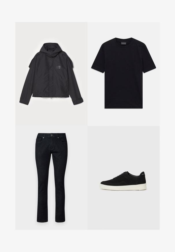 Černá bunda s kapucí, vyrobená z hladké tkaniny. Obsahuje zapínání na zip vpředu, boční kapsy a akcenty na ramenou. Jednoduchý design s štítkem.; Černé tričko s krátkým rukávem a kulatým výstřihem s jemným raženým vzorem a štítkem značky uvnitř límce, položené na bílém pozadí.; Tmavé džíny s rovnými nohavicemi, s předními kapsami, zapínáním na knoflík a kontrastním prošíváním. Žádné viditelné vzory nebo opotřebení.; Černé semišové tenisky s krajkovým designem a kontrastní bílou gumovou podrážkou. Obsahují texturované boční panely a jemné branding na patě.
