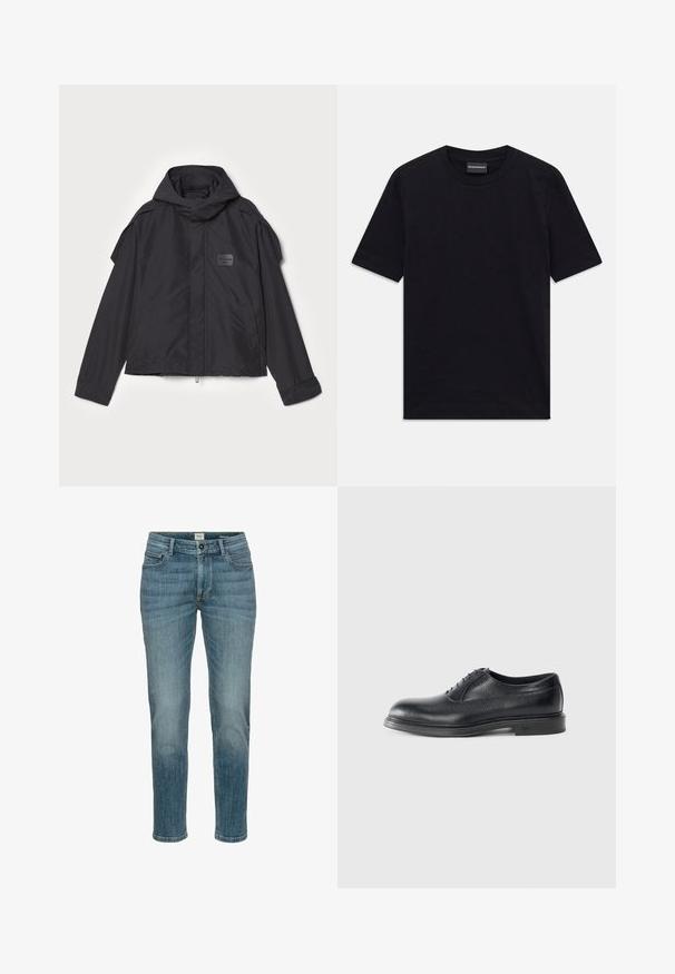 Sort jakke med hætte, lavet af glat stof. Har lynlåslukning foran, sidelommer og skulderdetaljer. Simpel design med et mærke.; Sort kortærmet T-shirt med rund hals og subtil præget mønster samt mærkeetiket indeni kraven, liggende fladt på hvid baggrund.; Lysblå denimjeans med regular fit, lige ben, fem-lommet design og subtile slidte strukturer. Har knap- og lynlåslukning.; Sorte lædersko med struktureret overflade, rund tå, fem snørehuller og en lav profilsål. Har et diskret logo på hælen.