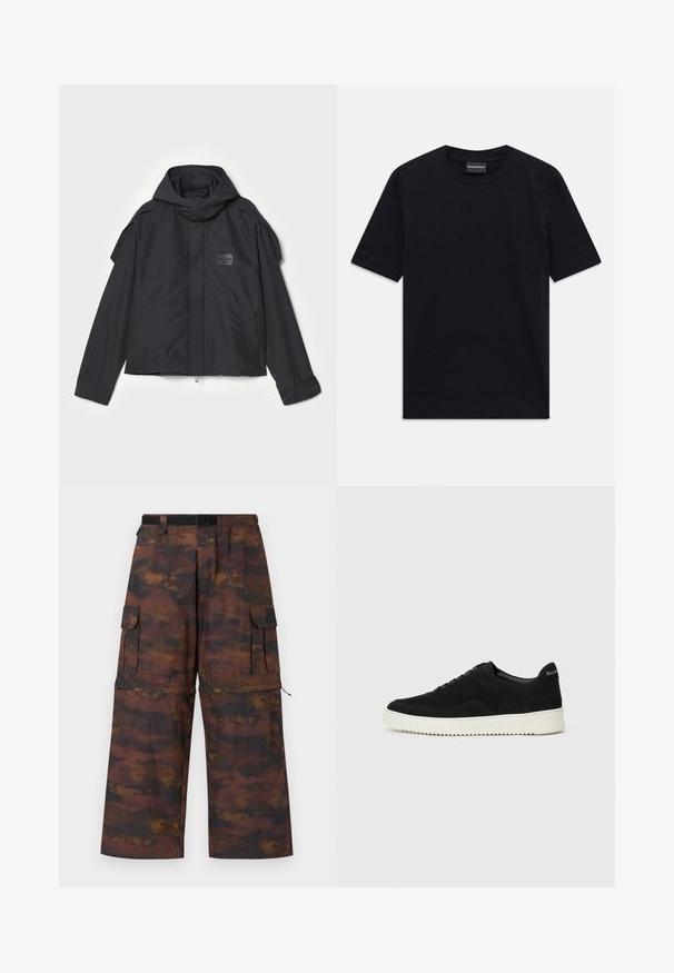 Musthaveheide mustaghuri hoodiga, valge catsosta. Omab esist zip ja külge taskud, õlavarre aksendid. Lihtne disain ja silt.; Mustam short-sleeve ringiga T-särk diskreetse reljeefse mustriga ja brändi sildiga krae sees, lamades valgel taustal.; Prisked püksid pruunist, tekstuuridega kangast, millel on kahvatu, abstraktne muster. Omavad laiad jalad, elastset vöökohta ja mitmeid taskuid.; Mustad suede jooksujalatsid, millel on paelad ja kontrastne valge kummitald. Omab tekstuuriga külgpaneele ja tagasihoidlikku brändimist kandadel.