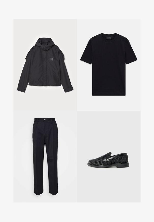 Melna jaka ar kapuci, izgatavota no gludas auduma. Aprīkota ar rāvējslēdzēju priekšā, sānu kabatām un plecu akcentiem. Vienkāršs dizains ar etiķeti.; Melnā T-kreklā ar īsām piedurknēm, apaļo kakla izgriezumu, ar smalku reljefu rakstu un zīmola etiķeti iekšpusē kaklā, novietots uz baltas virsmas.; Melnas piegrieztas bikses ar taisnu kāju dizainu, izgatavotas no gludas auduma, ar priekšējo pogu aizdari un divām sānu kabatām.; Melnas austas slaidu kurpes ar gludu ādas akcentu augšpusē, apaļas formas purngalu un zemas profila gumijas zoli.