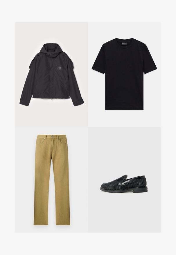 Mustatakki hupulla, valmistettu sileästä kankaasta. Ominaisuuksiin kuuluu vetoketjukiinnitys edessä, sivutaskut ja olkakorostukset. Yksinkertainen muotoilu, jossa on etiketti.; Musta lyhythihainen pyöreäkauluksinen T-paita, jossa on hienovarainen kohokuviointi ja brändilogo kauluksessa, aseteltuna tasaisesti valkoista taustaa vasten.; Tummanvihreät, suorat housut, joissa on etutaskut, nappikiinnitys ja hienovarainen tekstuuri kankaassa.; Musta kudottu liukupohjallinen kenka, jossa on sileä nahkakorostus päällisessä, pyöreä kärki ja matala kumipohja.