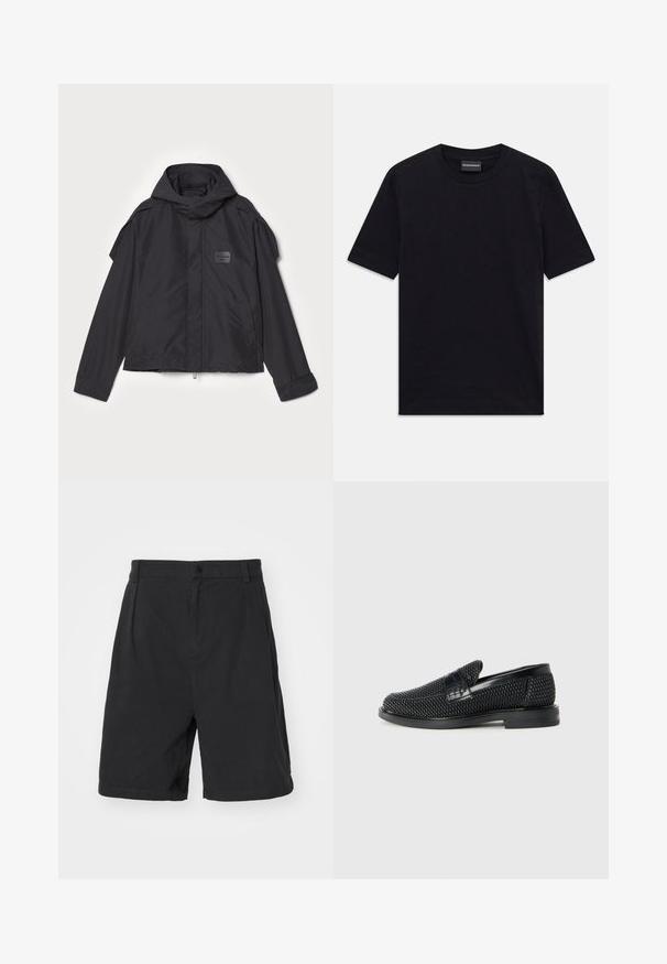 Black jacket with a hood, made of smooth fabric. Features a zip front, side pockets, and shoulder accents. Simple design with a label.; Black short-sleeve crew neck T-shirt with subtle embossed pattern and brand label inside collar, laid flat on white background.; Han Kjøbenhavn WIDE LEG - Shorts - black; Black woven slip-on shoe with a smooth leather accent on the upper, a round toe design, and a low-profile rubber sole.