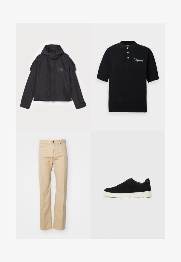 Black jacket with a hood, made of smooth fabric. Features a zip front, side pockets, and shoulder accents. Simple design with a label.; Black polo shirt made of cotton, featuring a traditional collar, three-button placket, and white embroidered logo on the chest.; Beige cotton trousers with a straight-leg design, featuring a button closure, belt loops, and front pockets. Smooth texture, minimal stitching.; Black suede sneaker with lace-up design and contrasting white rubber sole. Features textured side panels and subtle branding on the heel.